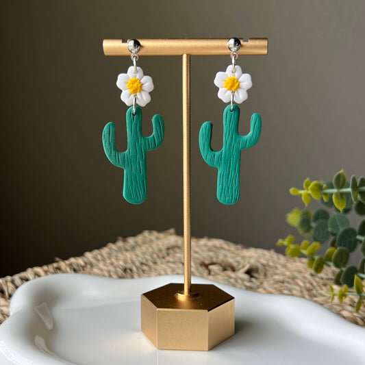 Daisy Flower & Green Cactus Polymer Clay Dangle Earrings