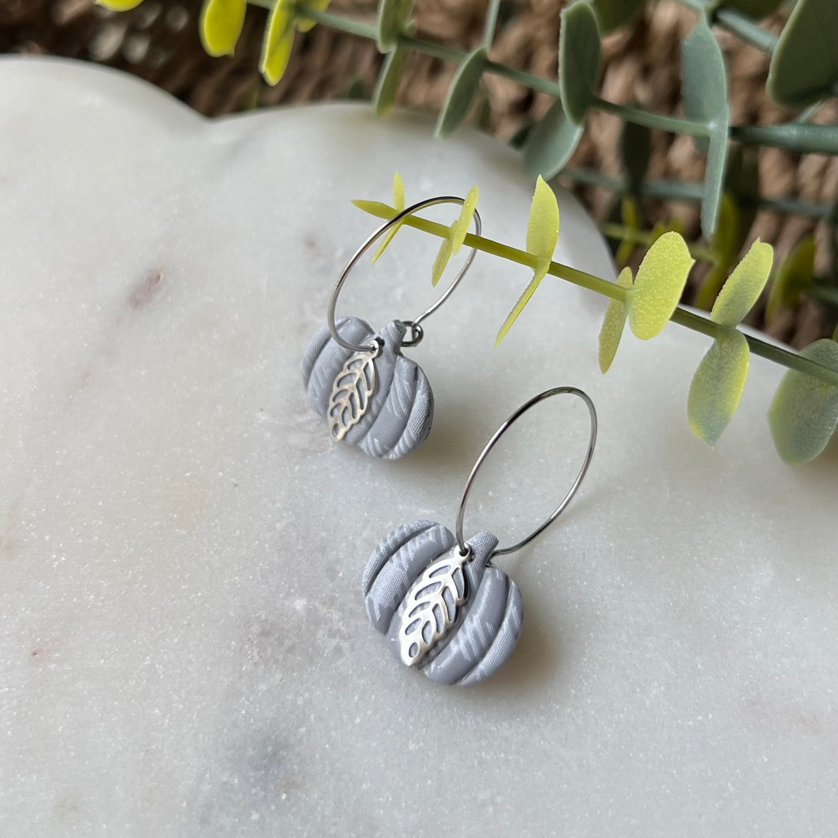 Gray Plaid Pumpkin Hoops with Silver Leaf Charms - Polymer Clay Earrings