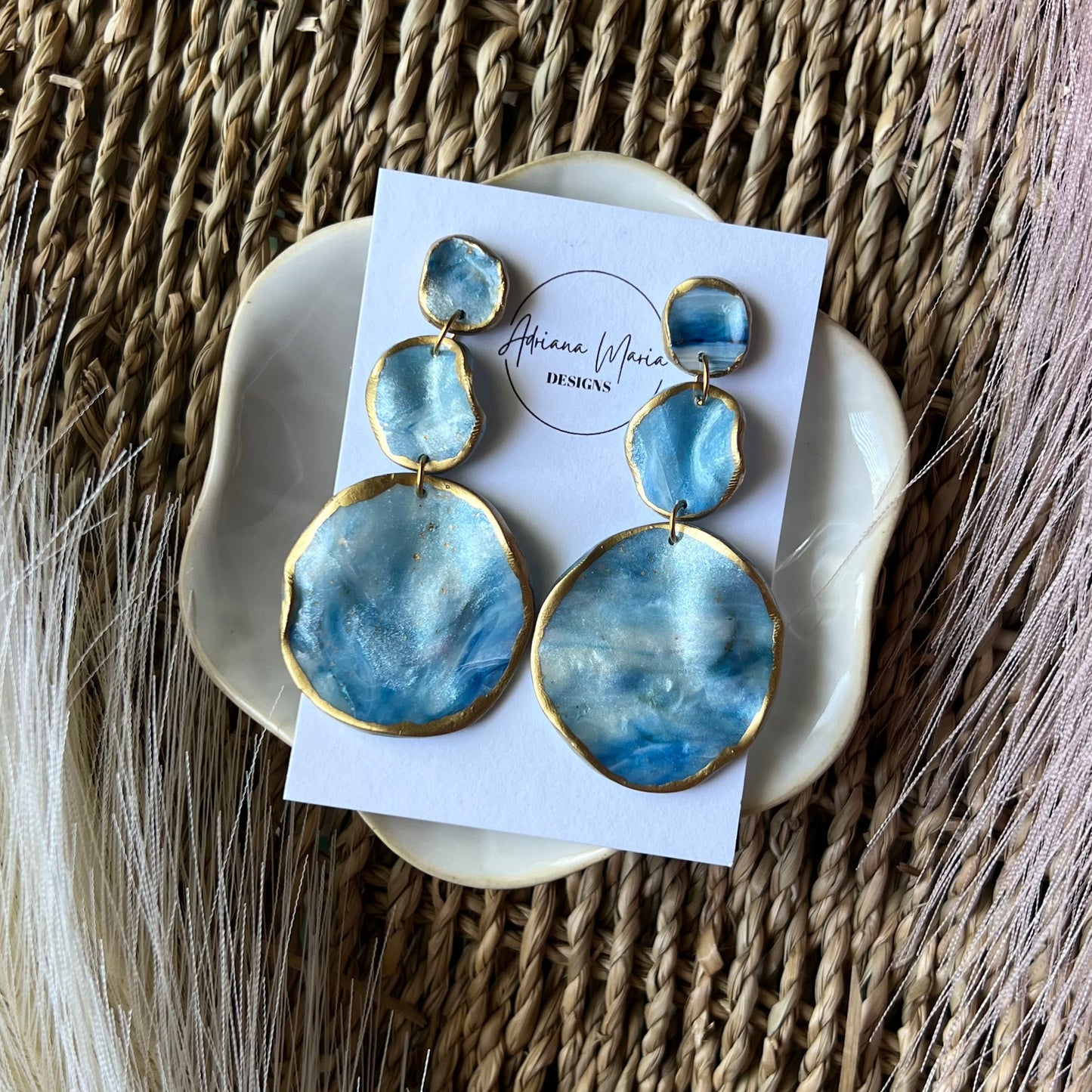 The Catalina – Ocean Blue Marbled Polymer Clay Earrings | Gold Edge Statement Dangles