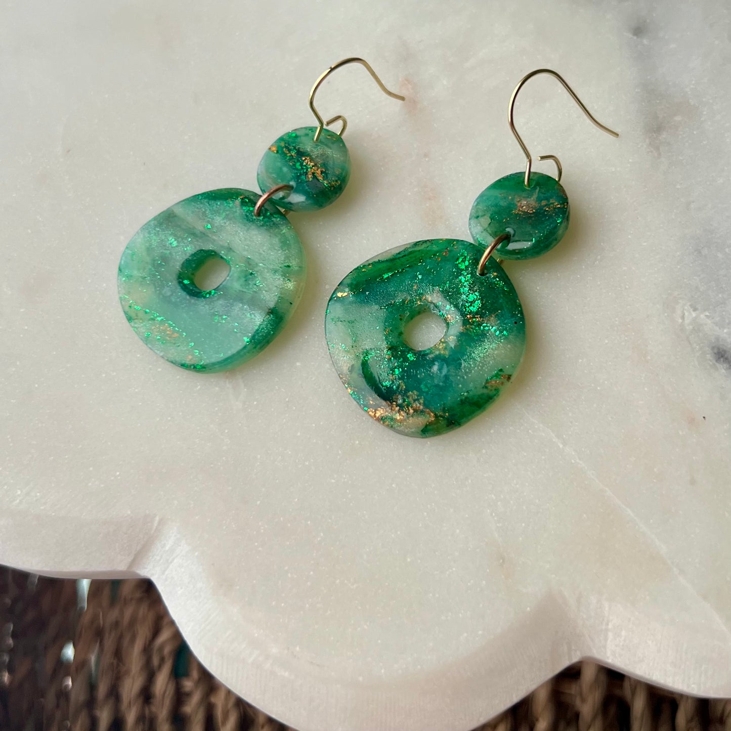 Polymer Clay Earrings - Green & Gold Marbled Organic Circle Lightweight Dangles