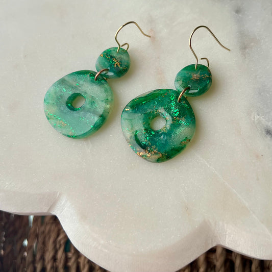 Polymer Clay Earrings - Green & Gold Marbled Organic Circle Lightweight Dangles