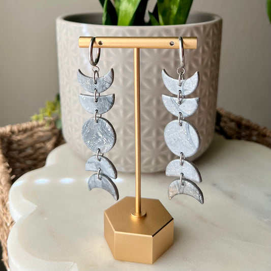 Silver & Metallic Moon Phase Polymer Clay Earrings, Huggie Hoops