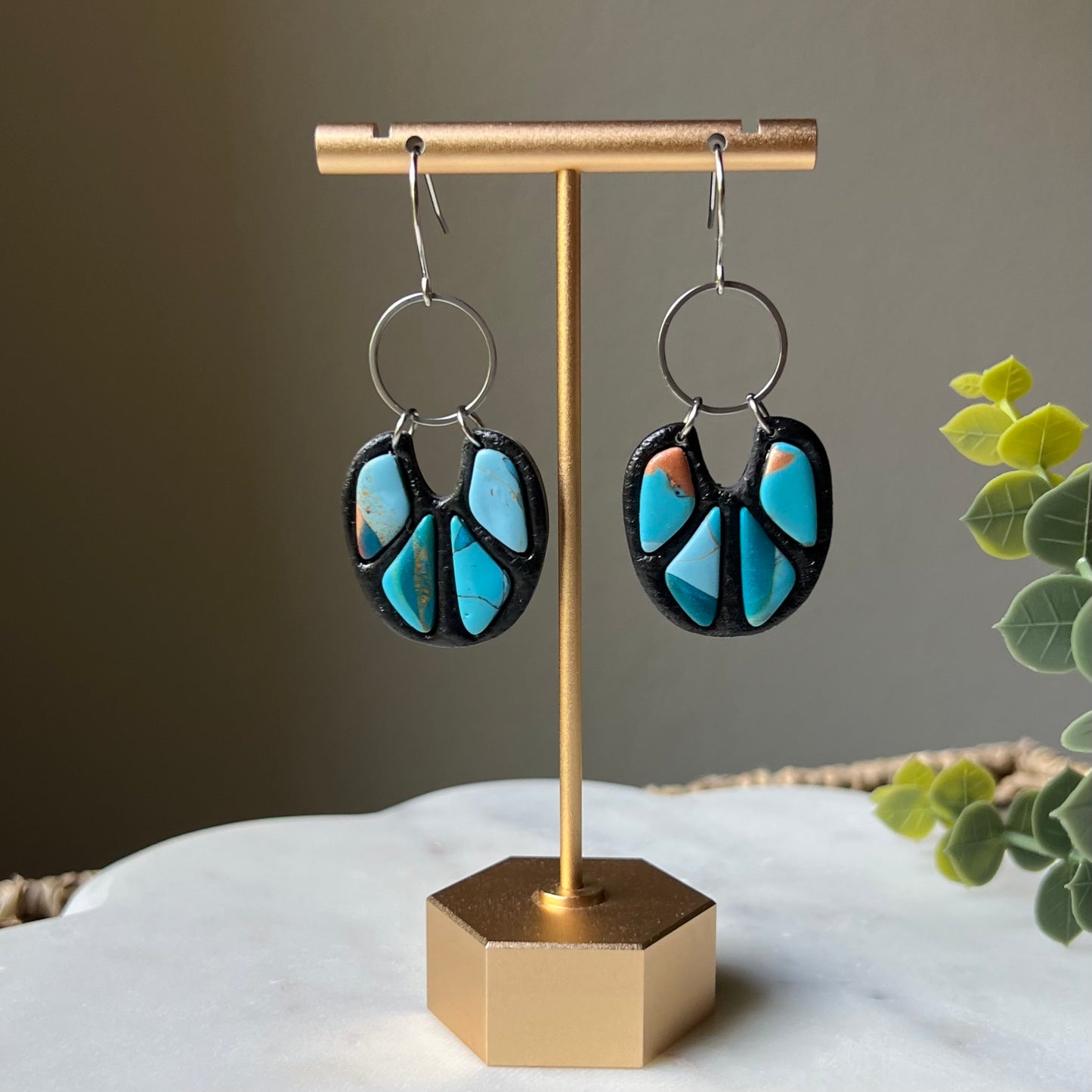 Turquoise Stone inspired Polymer Clay Bezel Earrings, lightweight dangles, western style