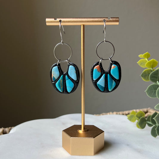 Turquoise Stone inspired Polymer Clay Bezel Earrings, lightweight dangles, western style