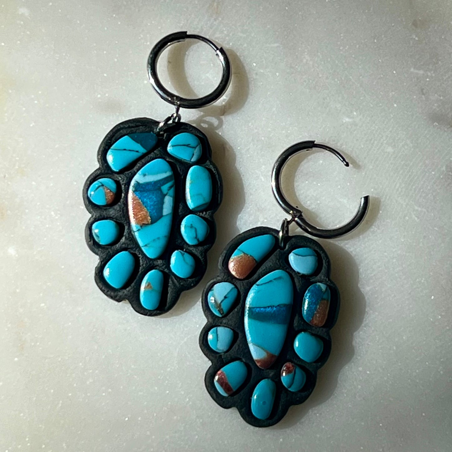 Turquoise Stone inspired Polymer Clay Bezel Statement Earrings, lightweight dangles, western style