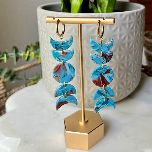 Turquoise Stone Moon Phase Polymer Clay Earrings, Huggie Hoops