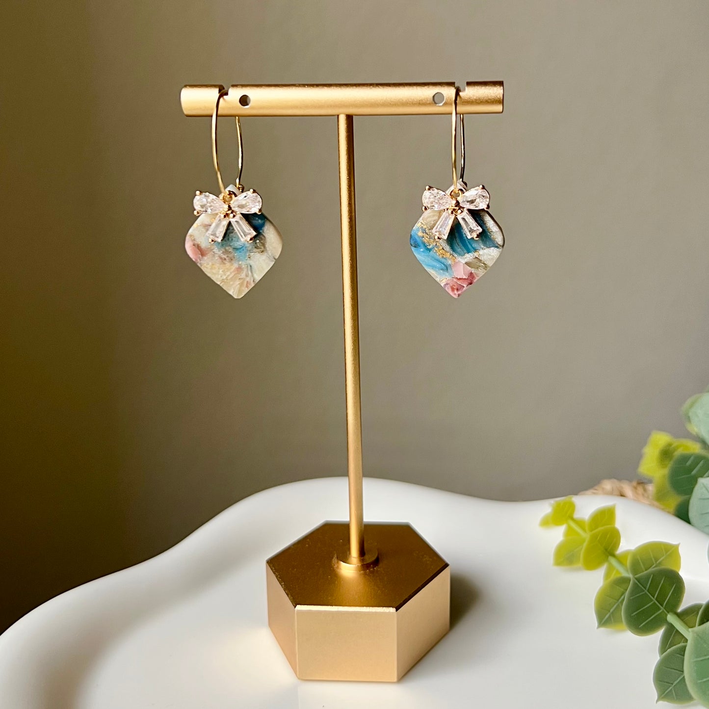Marbled Polymer Clay Heart Dangle Earrings with CZ Bow on Gold Plated Hoops