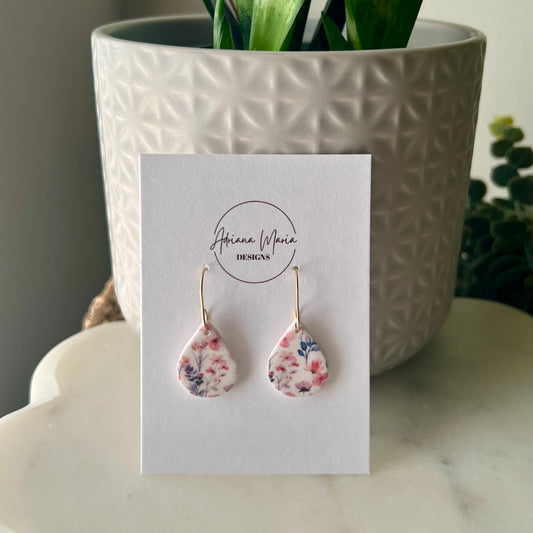Wildflower & Pearl White Teardrop Earrings, Lightweight Polymer Clay Dangles