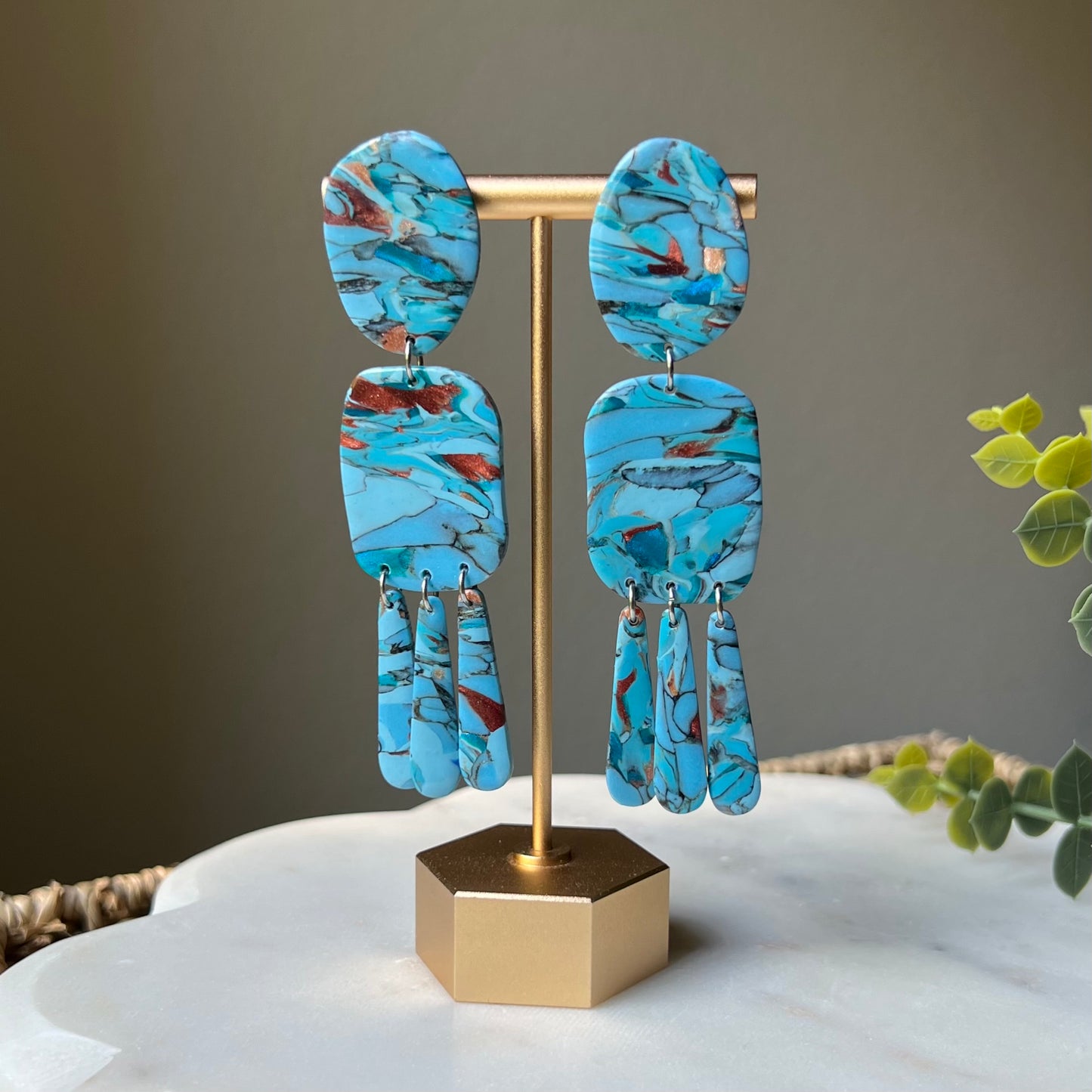 Turquoise Stone inspired Polymer Clay Statement Earrings, lightweight dangles, western style
