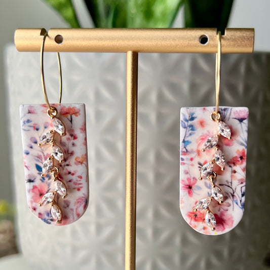 Wildflower Bloom Arch Polymer Clay Earrings with Cubic Zirconia Vine