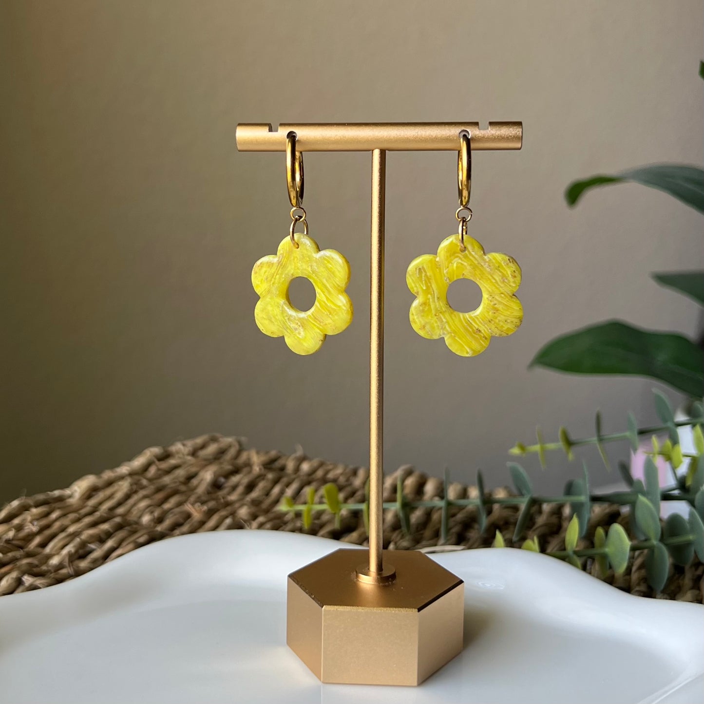 Yellow Marbled Flower Polymer Clay Hoop Earrings