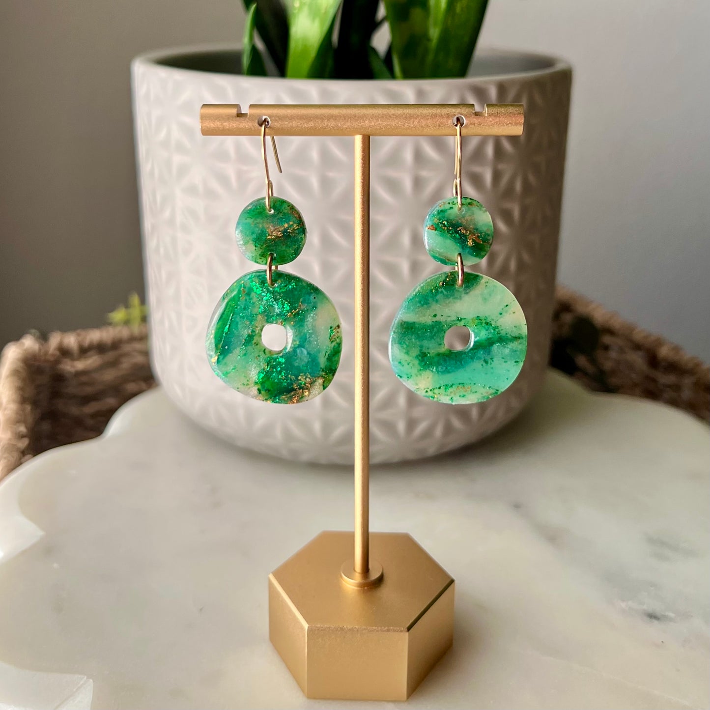 Polymer Clay Earrings - Green & Gold Marbled Organic Circle Lightweight Dangles