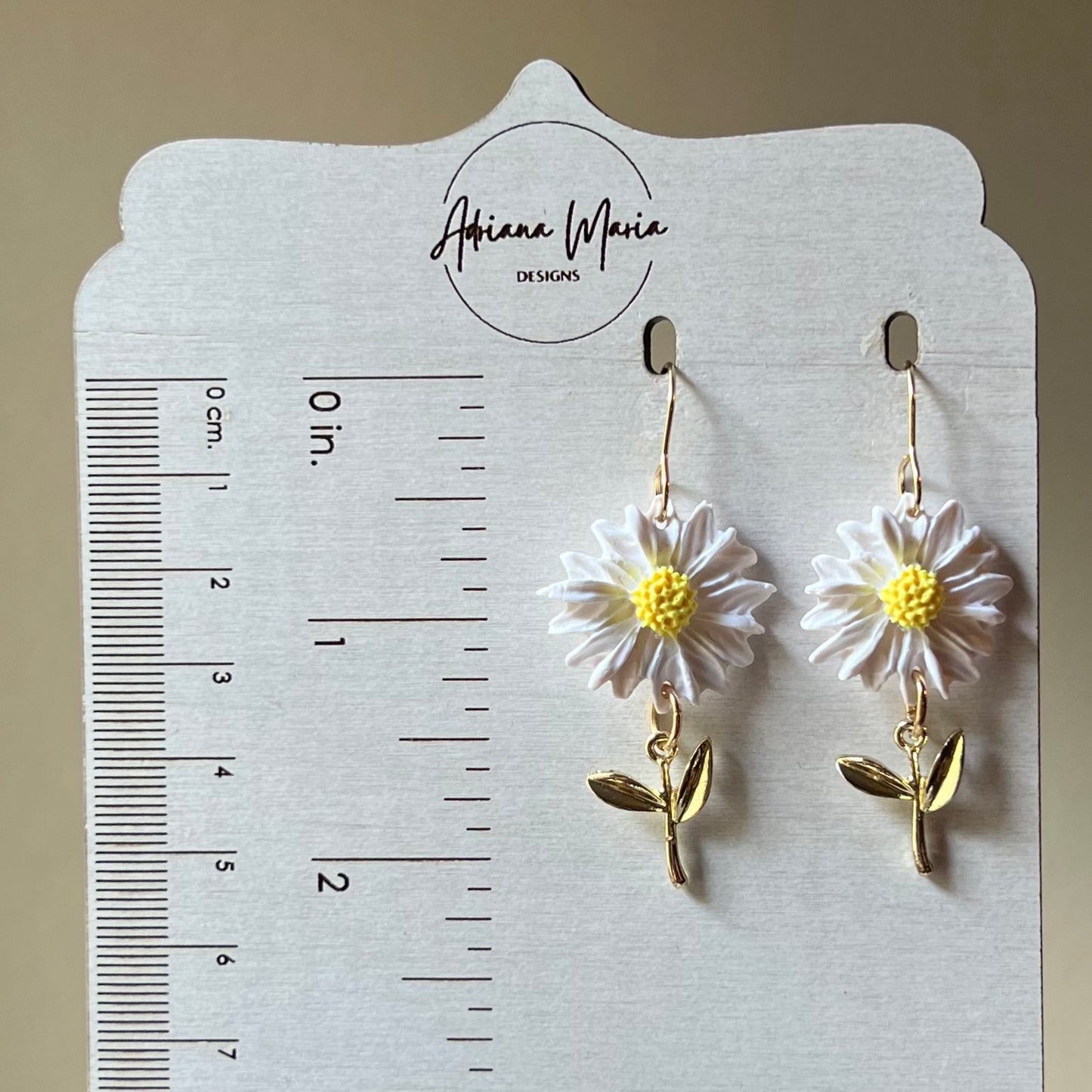 Spring White Daisy Flower Polymer Clay Earrings with gold stem, lightweight dangles