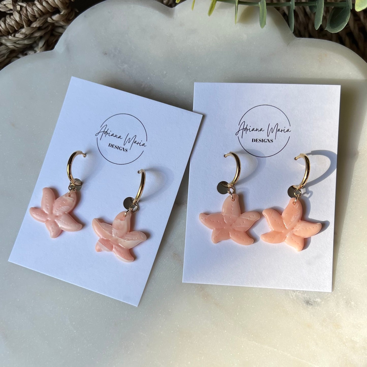 Coral Marbled Starfish Polymer Clay Earrings, Lightweight Dangles, Coastal Beach Style