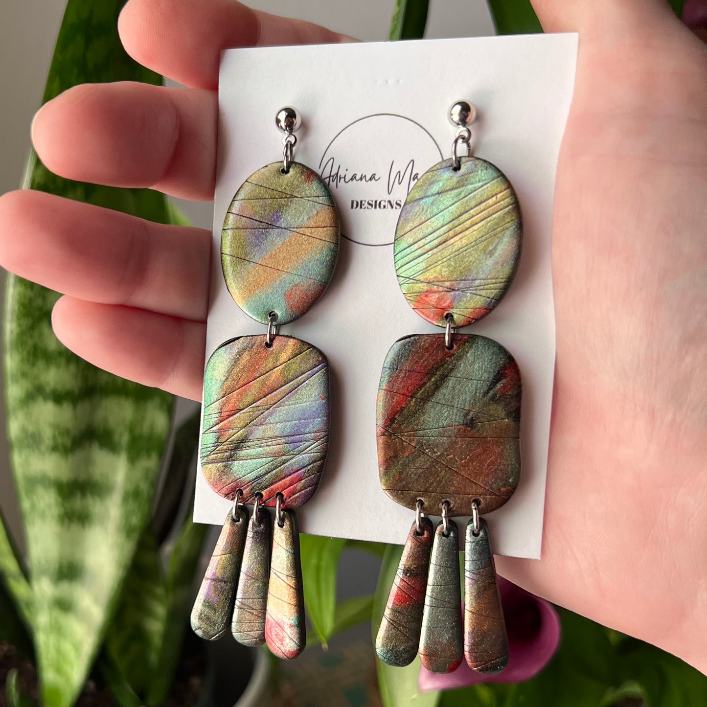Mystic Alloy Statement Earrings, Lightweight Polymer Clay Dangles