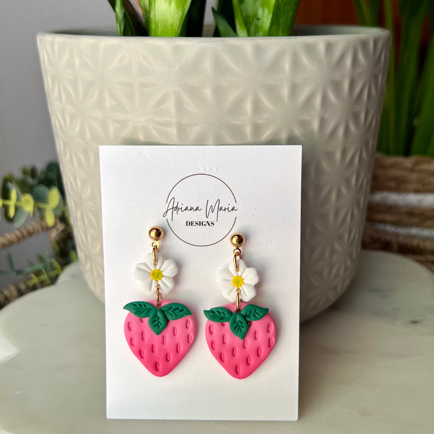 White Daisy & Ombré Pink Strawberry Polymer Clay Dangle Earrings