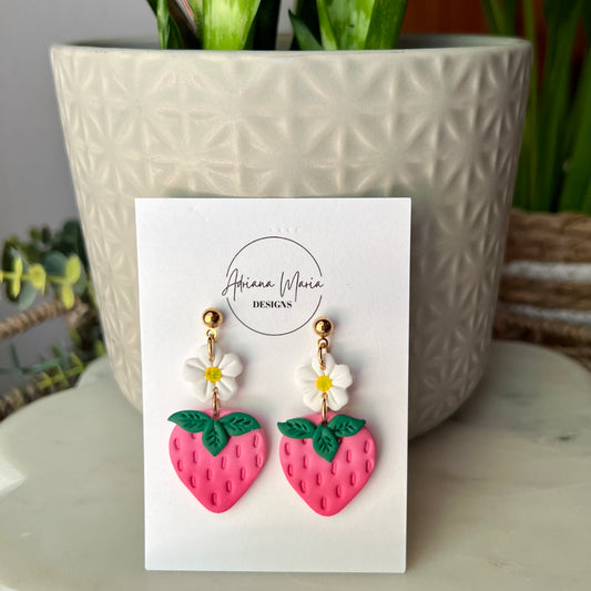White Daisy & Ombré Pink Strawberry Polymer Clay Dangle Earrings