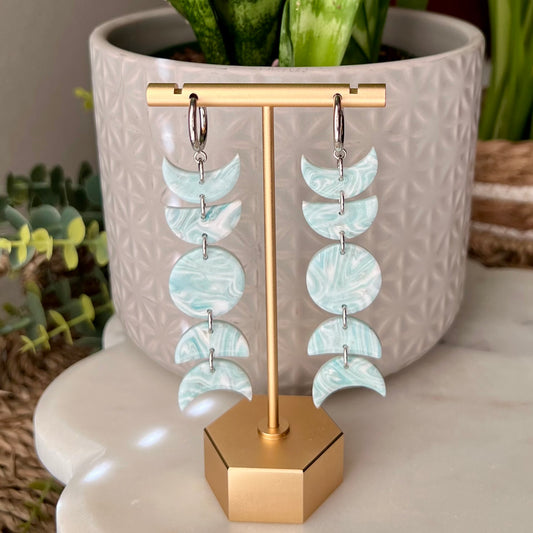 Seafoam Cascade Moon Phase Polymer Clay Earrings, Lightweight Statement Dangles, Huggie Hoops