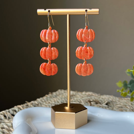 Orange Marbled Triple Pumpkin Polymer Clay Dangle Earrings