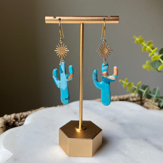 Cactus Turquoise Stone inspired Polymer Clay Earrings with brass sunburst, lightweight dangles, western style