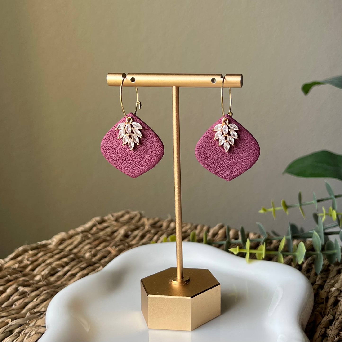 Mulberry Textured Polymer Clay Hoop Earrings with Cubic Zirconia Leaf Charm