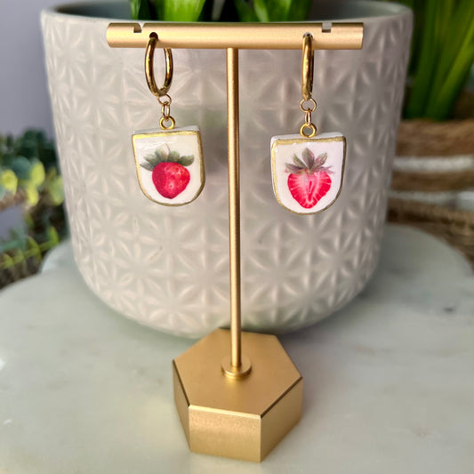 Strawberry Print Charm Polymer Clay Earrings, Huggie Hoops