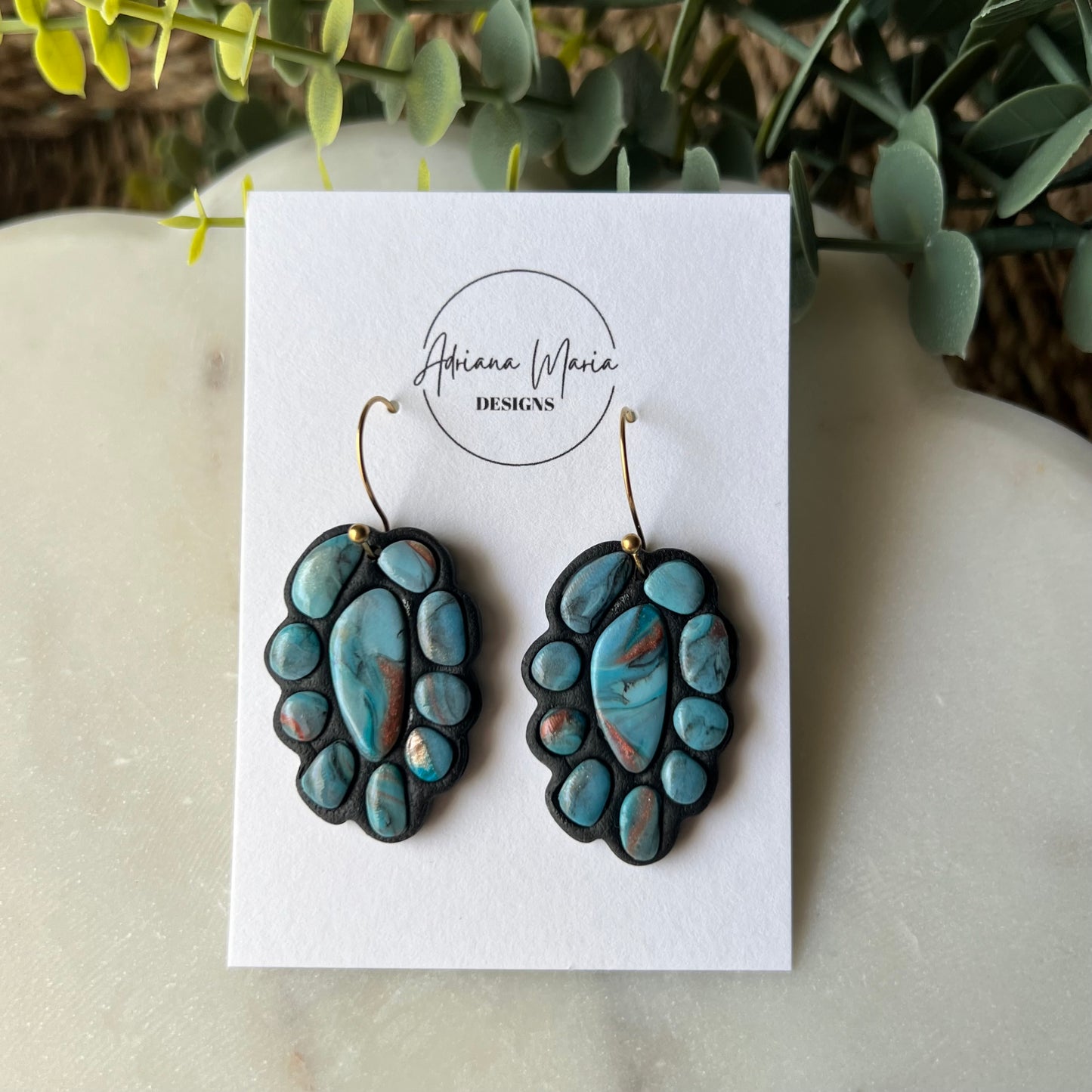 Turquoise Stone inspired Polymer Clay Bezel Statement Earrings, lightweight dangles, western style