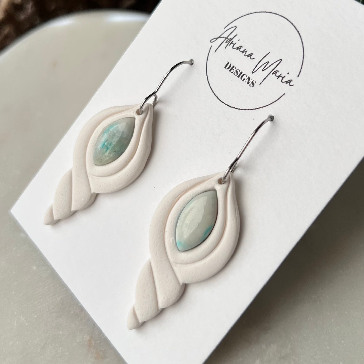 White Seashell and Soft Seafoam Bezel Polymer Clay Earrings, Lightweight Dangles, Coastal