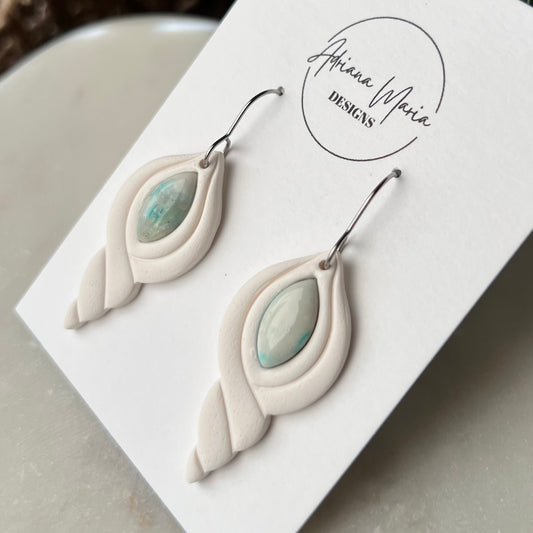 White Seashell and Soft Seafoam Bezel Polymer Clay Earrings, Lightweight Dangles, Coastal