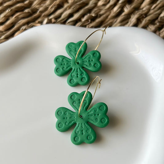 Green Clover Shamrock Polymer Clay Hoop Earrings