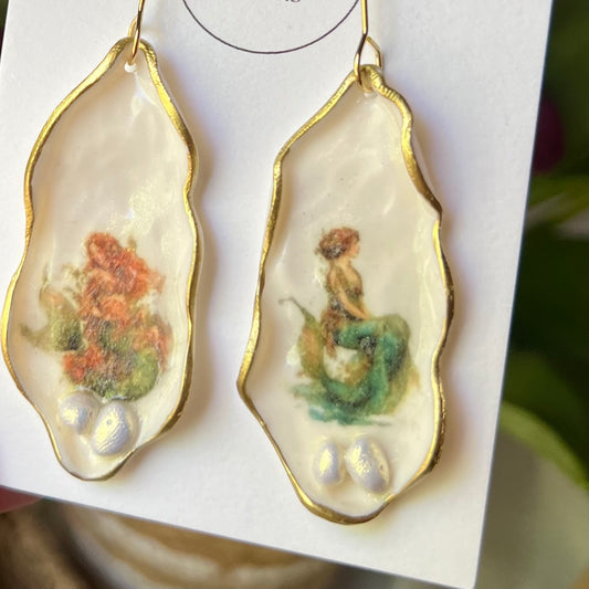 Oyster Clay Earrings with Whimsical Mermaid Print, Lightweight Dangles