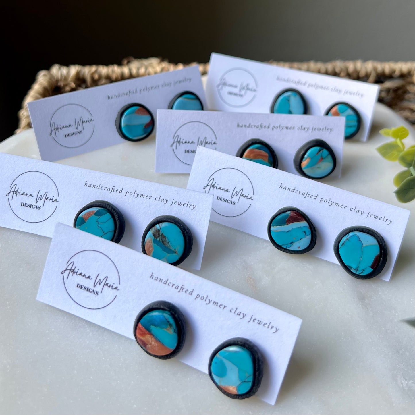 Turquoise Stone inspired Polymer Clay Bezel Stud Earrings, lightweight, western style