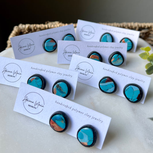 Turquoise Stone inspired Polymer Clay Bezel Stud Earrings, lightweight, western style
