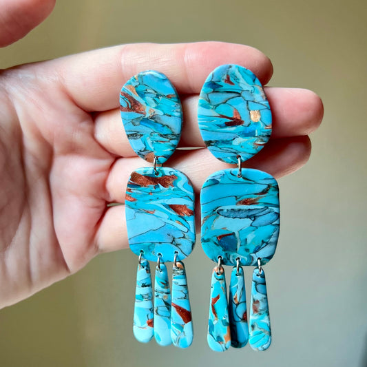 Turquoise Stone inspired Polymer Clay Statement Earrings, lightweight dangles, western style