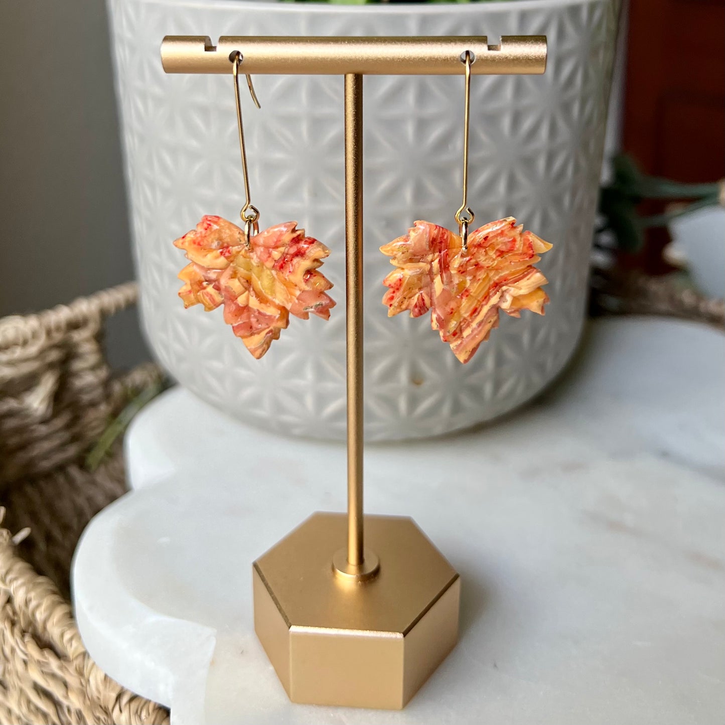 Golden Ember Maple Leaf Polymer Clay Dangle Earrings