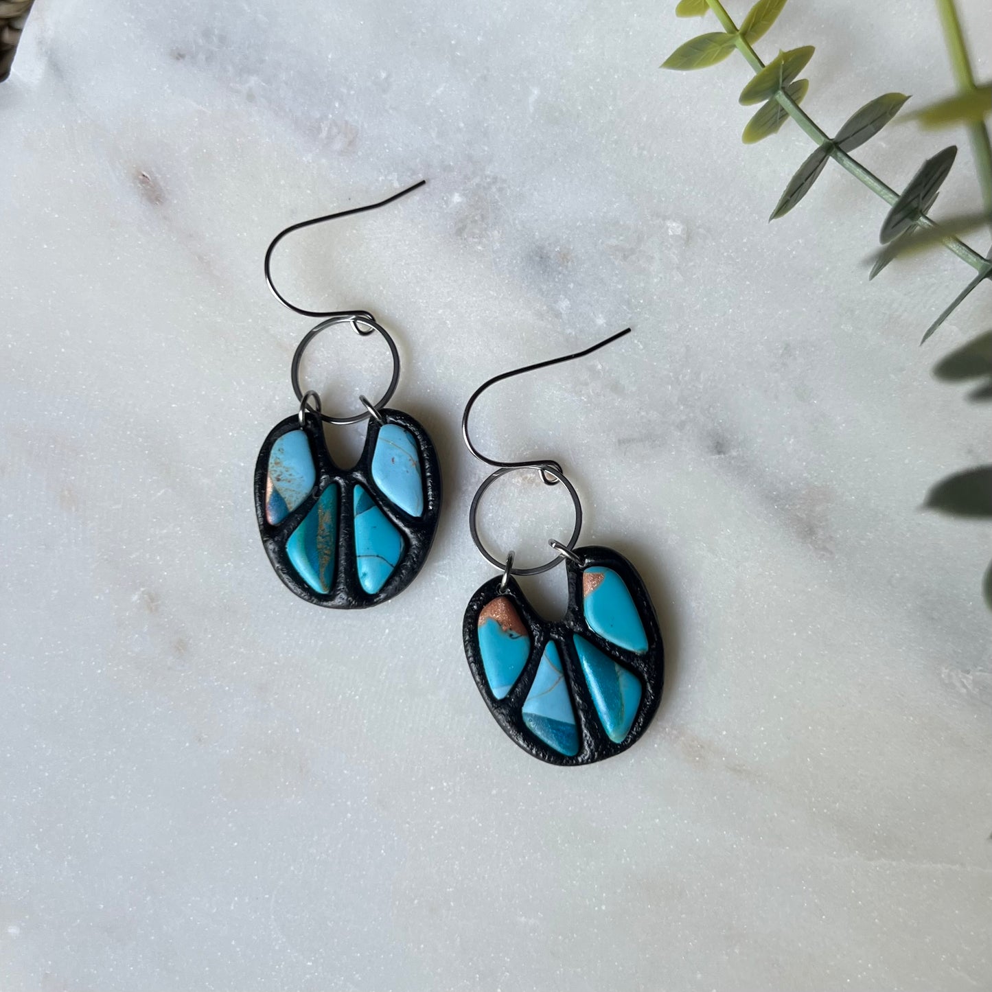 Turquoise Stone inspired Polymer Clay Bezel Earrings, lightweight dangles, western style