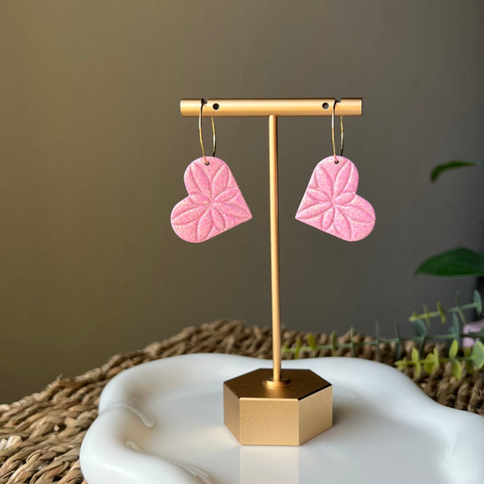 Pink Glitter Heart Polymer Clay Hoop Earrings