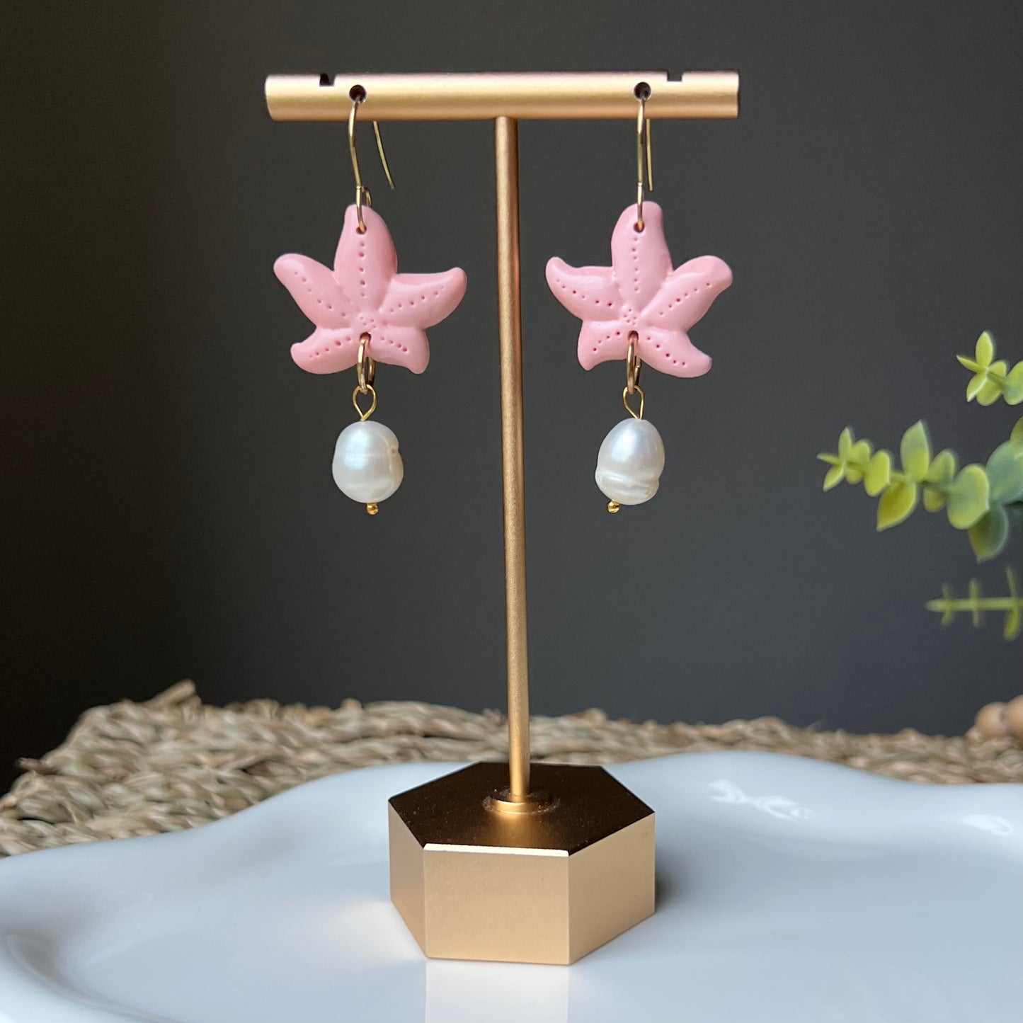 Coral Starfish & Freshwater Pearl Polymer Clay Earrings