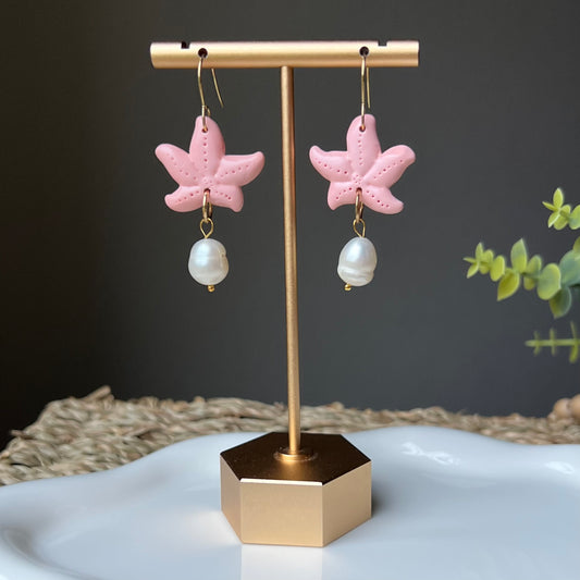 Coral Starfish & Freshwater Pearl Polymer Clay Earrings