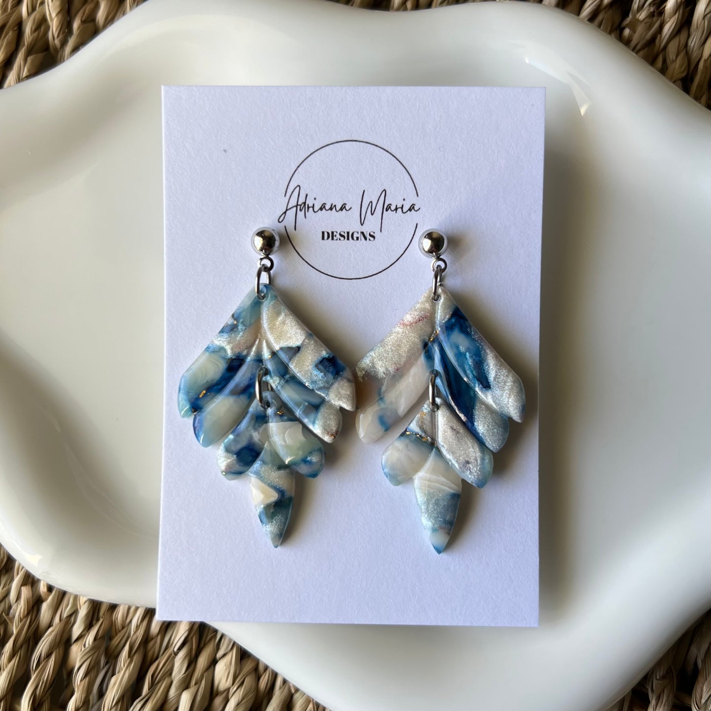 Coastal Blue Marbled Polymer Clay Dangle Earrings
