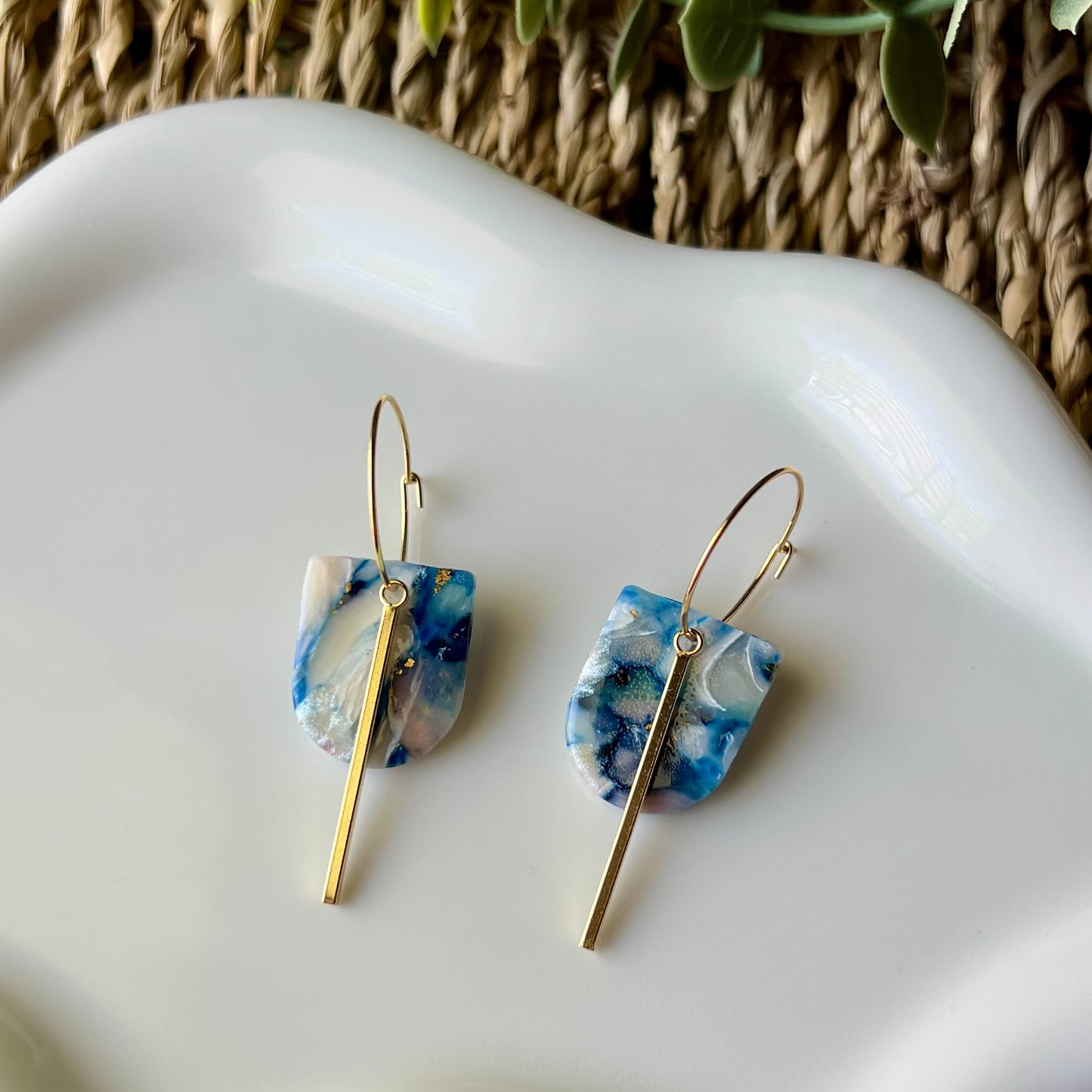 Coastal Blue Marbled Polymer Clay Hoop Earrings
