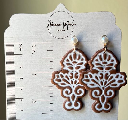 Polymer Clay Earrings - Terracotta Lace Statement Earrings with Pearl Stud