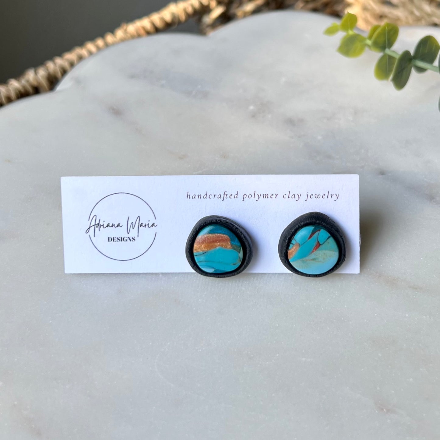 Turquoise Stone inspired Polymer Clay Bezel Stud Earrings, lightweight, western style