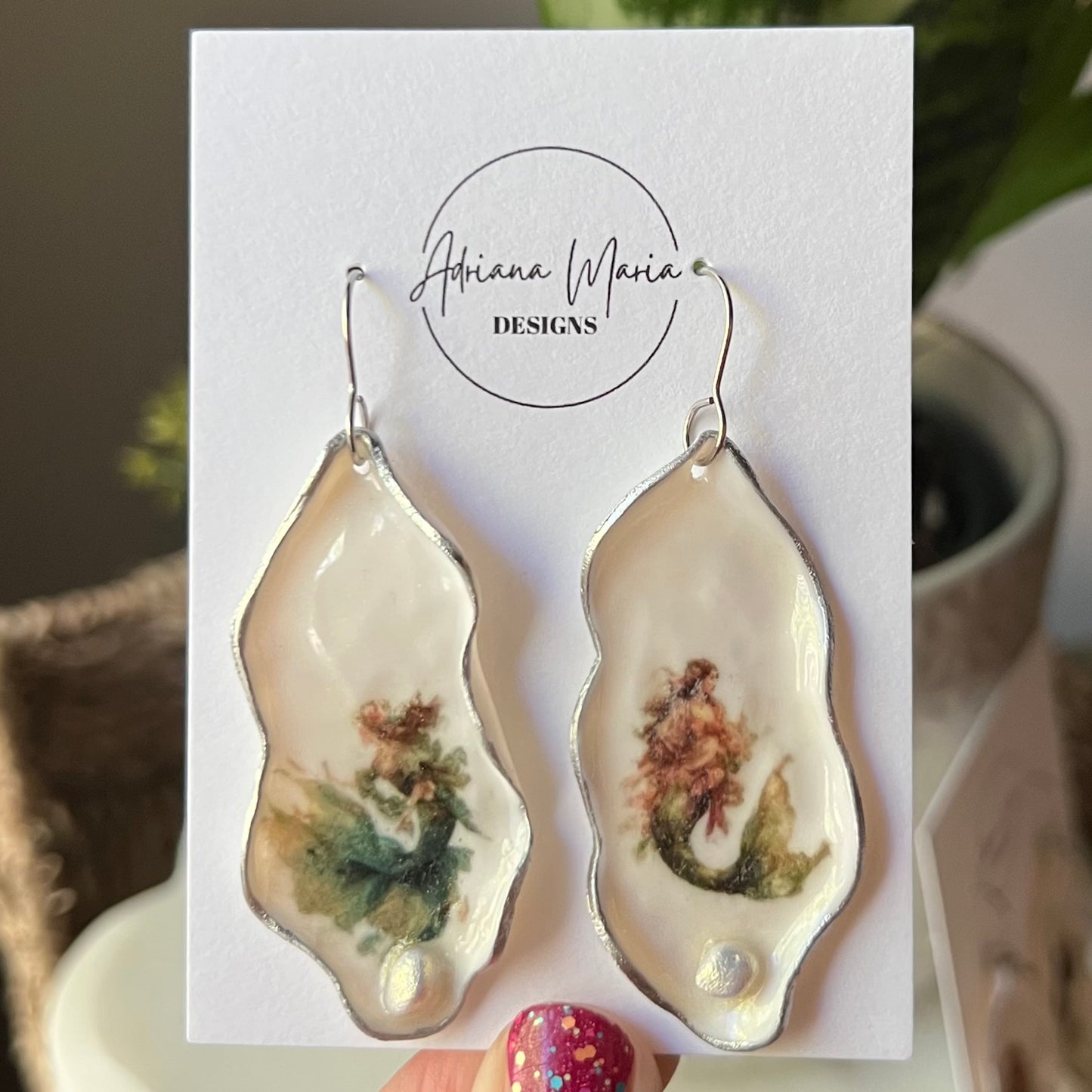 Oyster Clay Earrings with Whimsical Mermaid Print, Lightweight Dangles