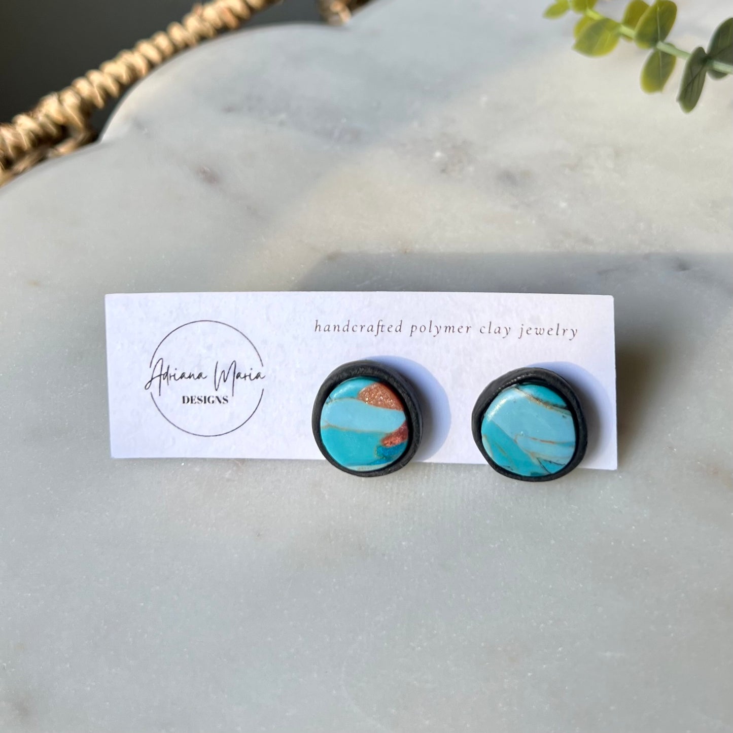 Turquoise Stone inspired Polymer Clay Bezel Stud Earrings, lightweight, western style