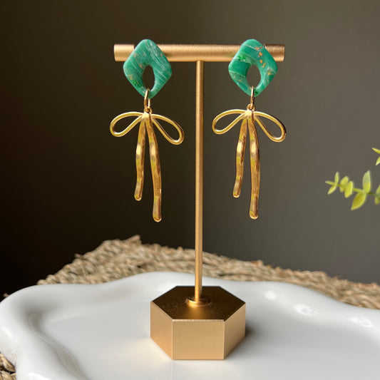 Emerald Green Marbled Clay & Bow Clay Earrings