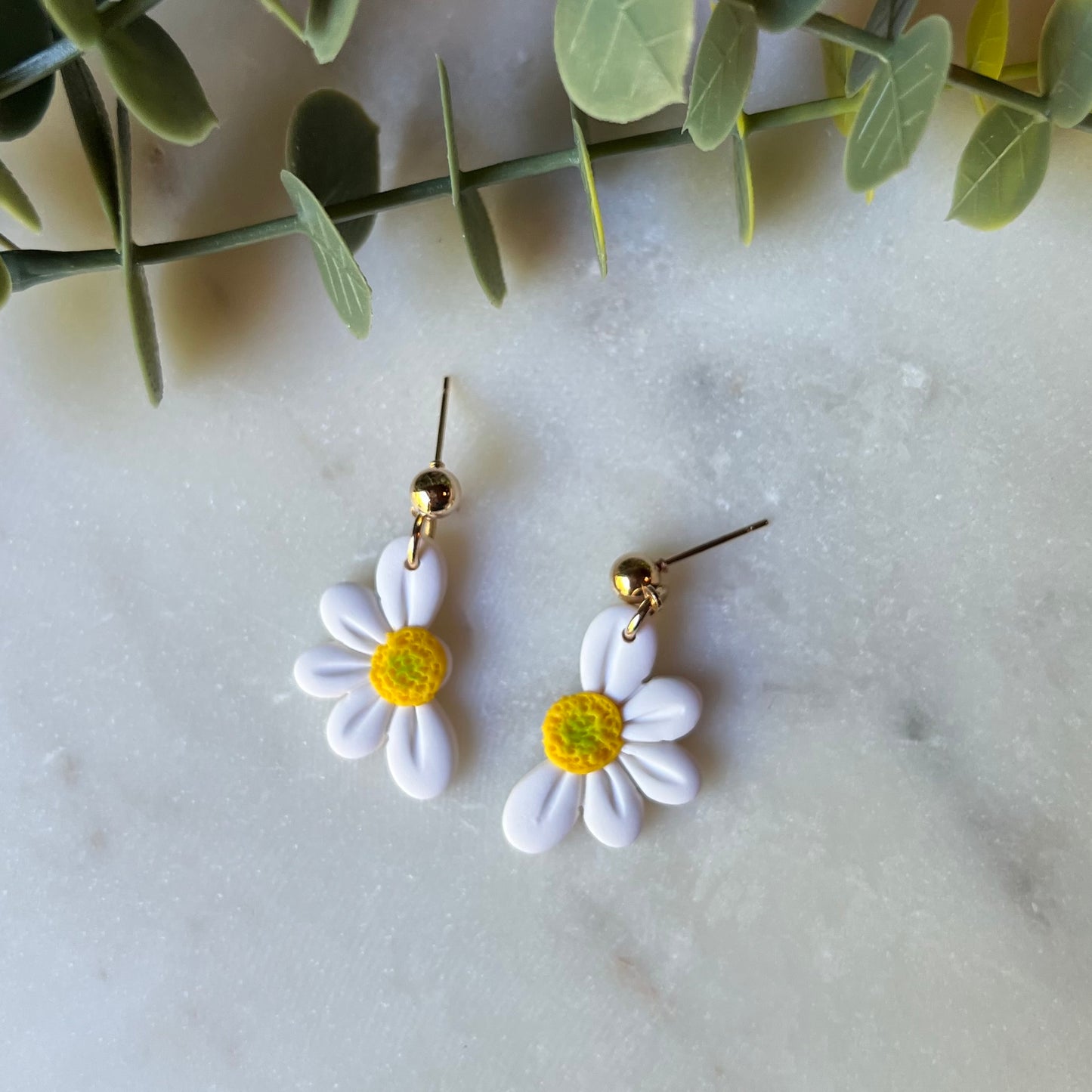 White Half Daisy Polymer Clay Dangle Earrings