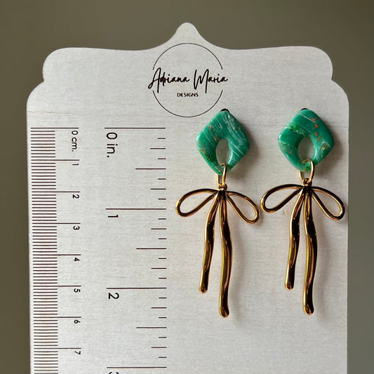 Emerald Green Marbled Clay & Bow Clay Earrings