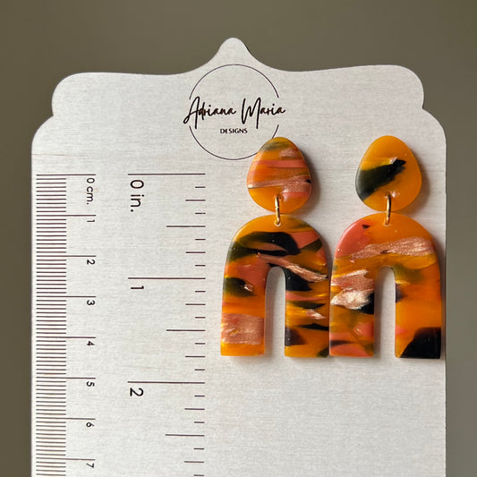 Polymer Clay Earrings - Amber Flame Arch, Lightweight Dangles