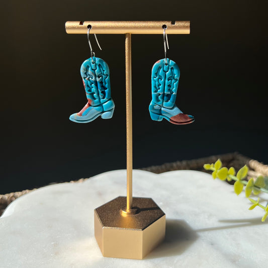 Turquoise Stone inspired Cowboy Boots Polymer Clay Earrings, lightweight dangles, western style